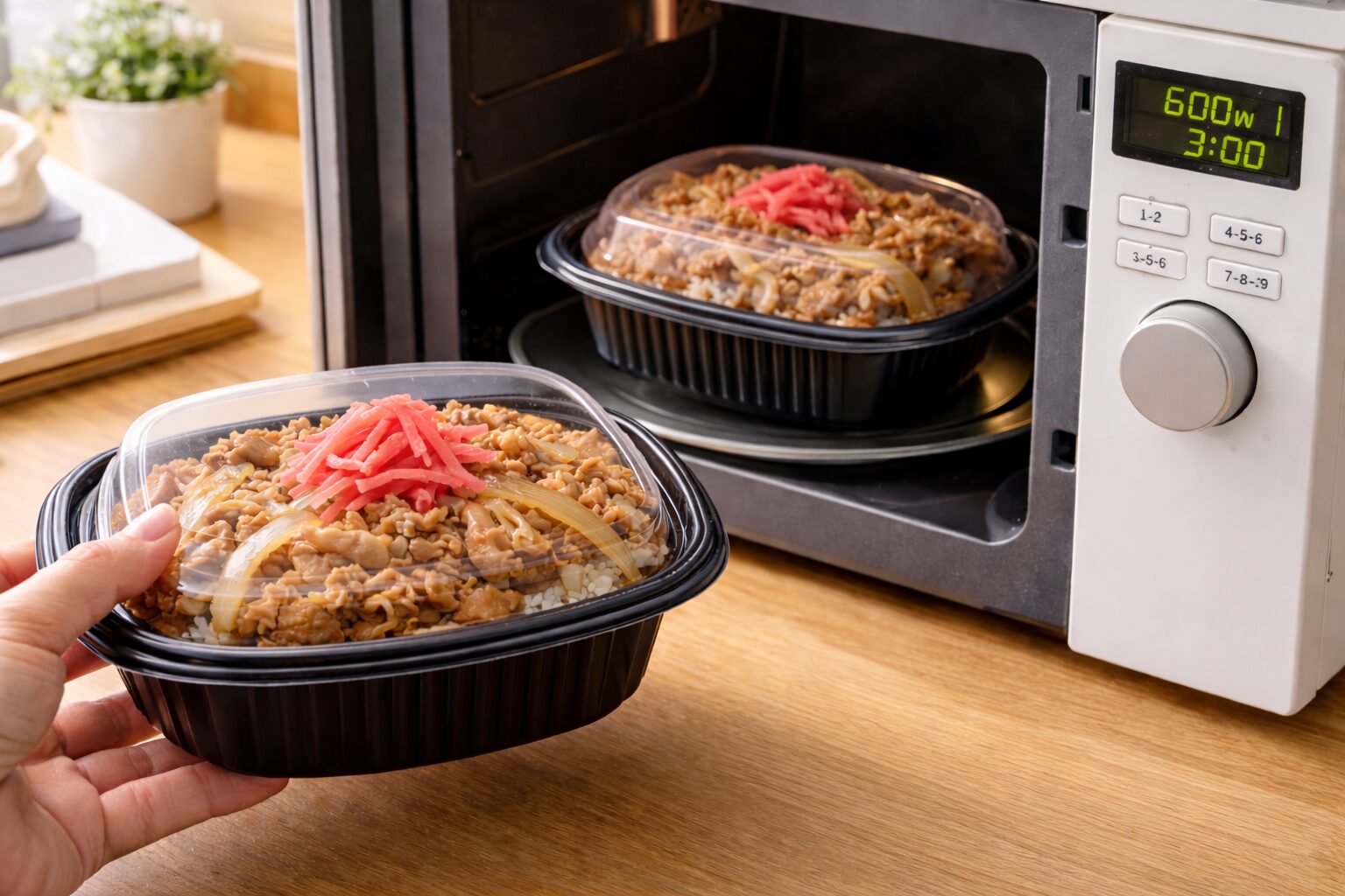 すき家の持ち帰りはレンジで温め直せる？容器の見分け方と何分が目安かを整理